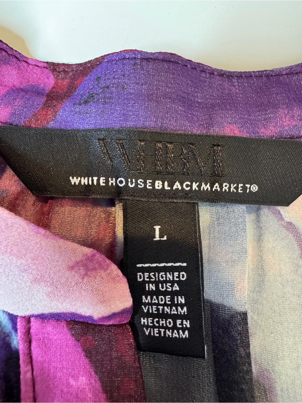 White House Black Market Floral Sheer Blouse Large Purple Pink V-Neck Ruffle Cuf - Picture 7 of 10